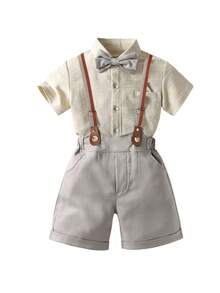 New Summer Fashion Handsome Boys 2-Piece Gentleman Suit Shirt + Suspenders Shorts New Little Groomsman Formal Suit Set Birthday Party Boys Gentleman Outfit Gift For Children Boys Clothing Birthday Party Boys Gentleman Shirt Set Boys Clothing Boys Clothing Fashion Boys Clothing Children Clothing - Champagne - View 3