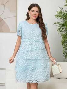 Reflora Vestido de moda con cuello redondo, mangas con volantes y estampado floral para mujer de talla - Azul 3 - Ver 6