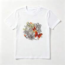 Flores y Mariposas Playera de Algodón Blanca con Diseño Floral - Blanco - Ver 1