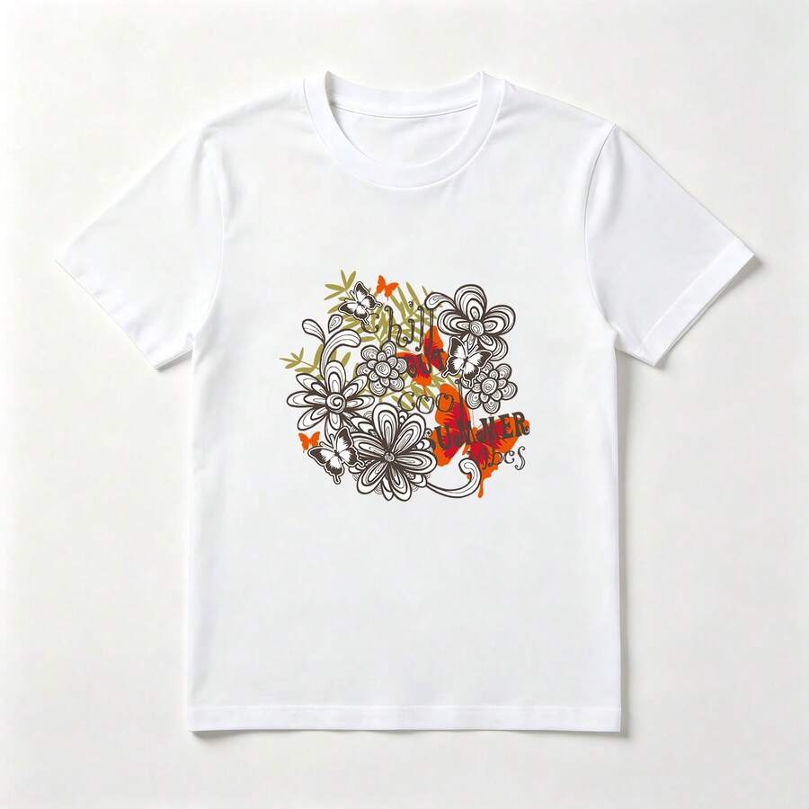 Flores y Mariposas Playera de Algodón Blanca con Diseño Floral - Blanco - Ver 1