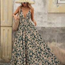 Vestido sin mangas de cuello en V con estampado total para vacaciones de verano de mujer - Verde - Ver 1