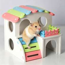 1pc 2-Layer Colorful Hamster Villa With Ladder And Balcony, Wooden Hamster House, Ventilated Small Pet Cage Accessory Suitable For Dwarf Hamsters, Hamster Supplies - Light Blue S - View 2