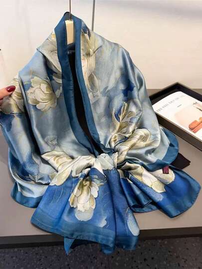 1条女士优雅亮色缎面印花长围巾，时尚光滑轻盈防晒披肩头巾，适合日常休闲穿着