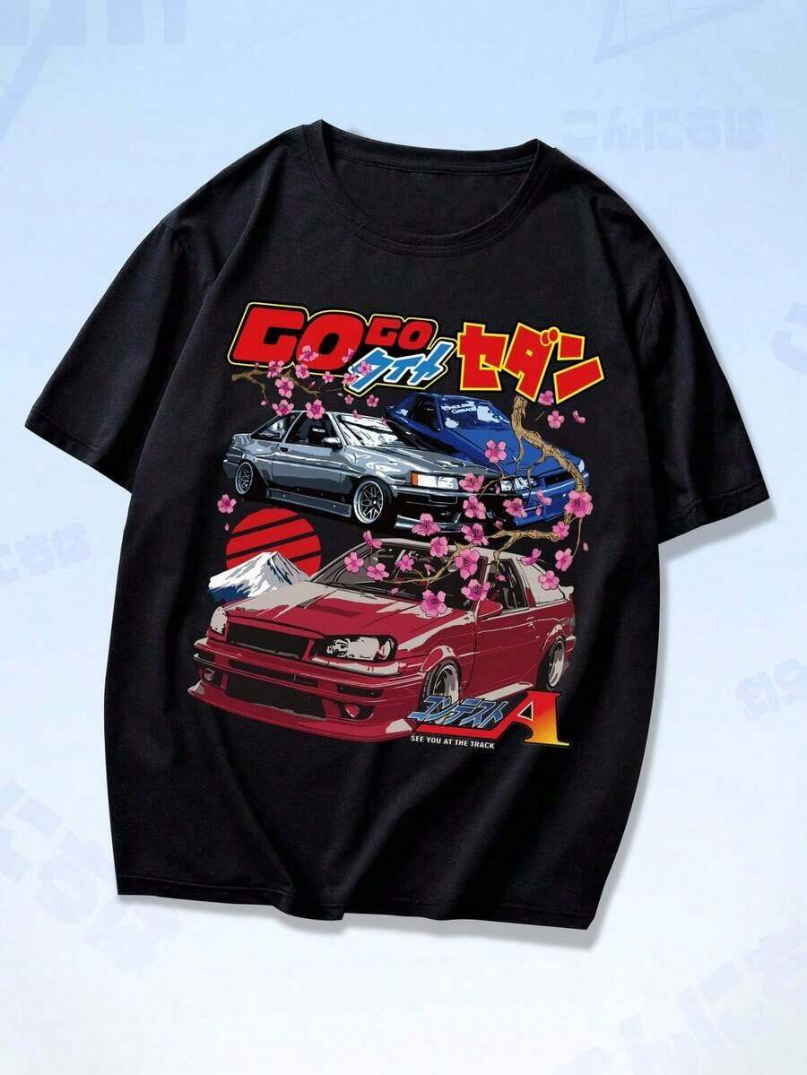 ROMWE MEN Camiseta de manga corta para hombre, con cuello redondo, estampado de letras y coches, estilo casual y versátil para uso diario. - Blanco - Ver 1
