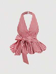 MOD Parte superior de mujer con cuello en V a cuadros rojos y blancos, con cuello halter, bajo abombado y lazo oversize, para citas, picnics, brunch, fiestas, Año Nuevo, estilo Y2K, top tubo, Día de San Valentín, gótico, club, hombros descubiertos, invitada de boda, crop tops lindos, top para rave - Rojo y blanco - Ver 1