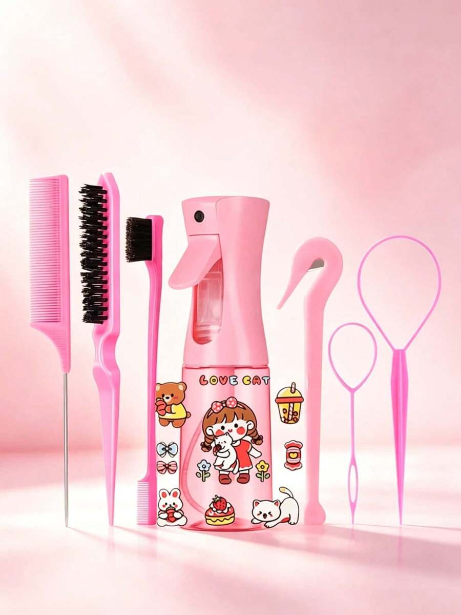 8件套美发造型工具套装，包含高压喷雾瓶、卷发刷套装、9排梳、宽齿梳、双面梳、造型刷、尖尾梳、尖尾梳、发际线梳、发刷、按摩刷