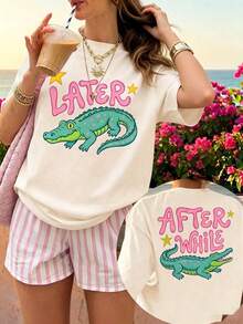 Women's Fun Crocodile Graphic Tee See You Later After A While Letter Print T-Shirt Short Sleeve Round Neck SummerTop Streetwear Aesthetic  GraphicTee - 杏色 - 查看 1