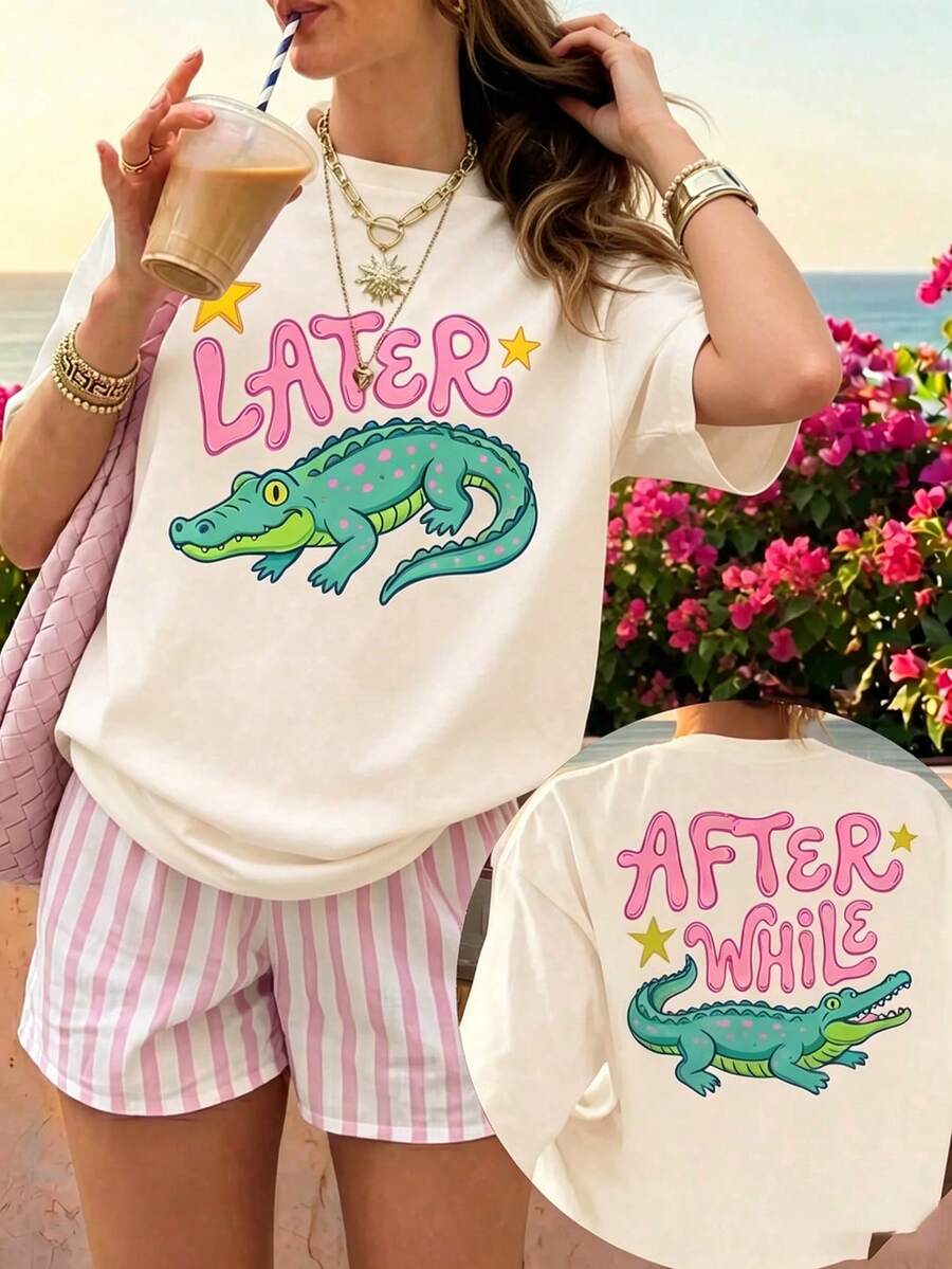 Women's Fun Crocodile Graphic Tee See You Later After A While Letter Print T-Shirt Short Sleeve Round Neck SummerTop Streetwear Aesthetic GraphicTee - 杏色 - 查看 1