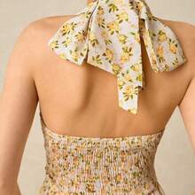 Vestido maxi con estampado floral romántico, escote halter y cintura fruncida, adecuado para vacaciones, bodas, fiestas de verano. Vestido de mujer con estampado floral pequeño, escote halter y cintura fruncida, ideal para verano, playa, primavera, Pascua, eventos. - Multicolor - Ver 6