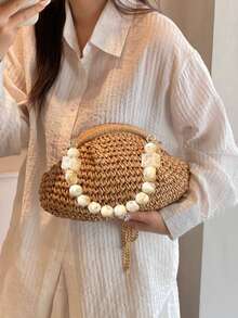 Fashionable Straw Woven Bag, Unique Braided Shoulder Bag, Versatile Casual Crossbody Bag For Women, Suitable For Outings, Dates, Shopping, Gifts, Work Commute - Khaki - View 3