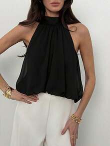 Elegant Sleeveless Solid-Color Blouse With A High Neck And Cropped Length, Versatile For Summer, Beach, Vacation, Bohemian Style, Tropical, Valentine's Day, Back To School For Women - 黑色 - 查看 1