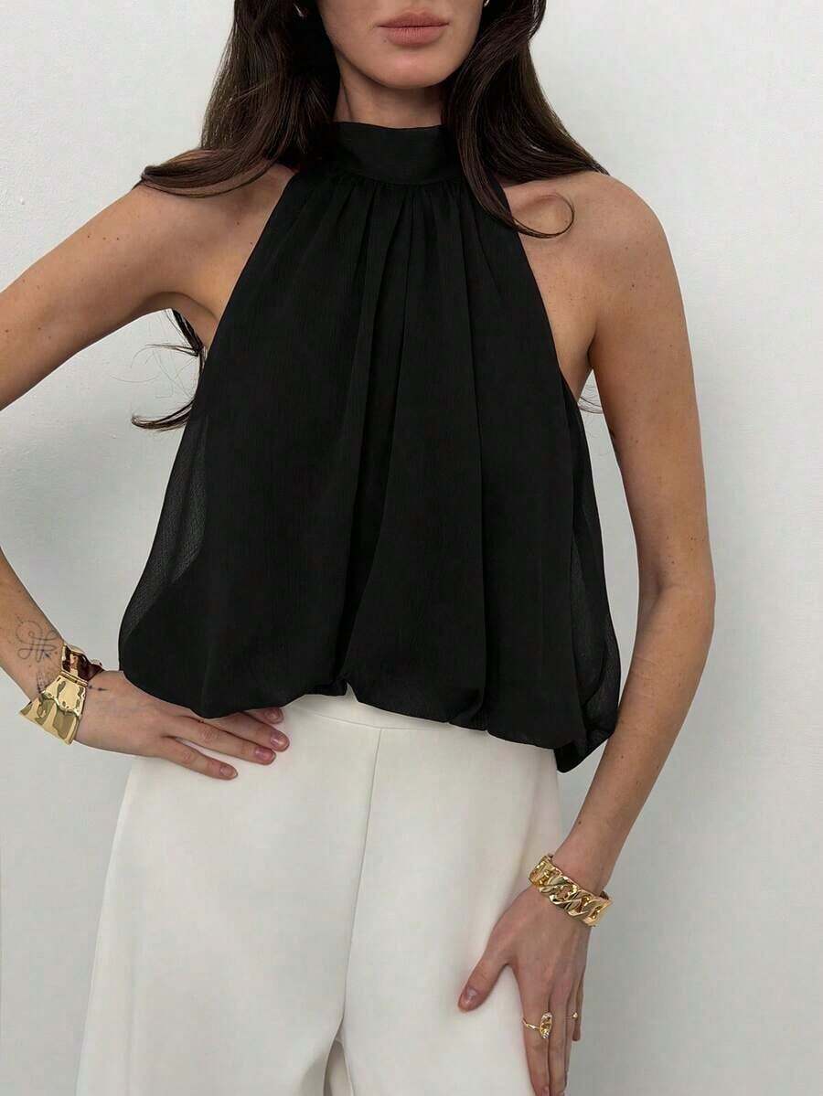 Elegant Sleeveless Solid-Color Blouse With A High Neck And Cropped Length, Versatile For Summer, Beach, Vacation, Bohemian Style, Tropical, Valentine's Day, Back To School For Women - 黑色 - 查看 1