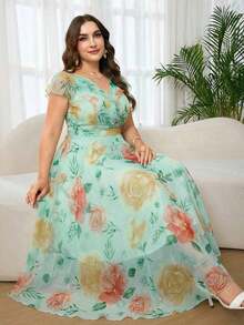 Reflora Vestido floral elegante para mujer de talla, vestido de invitada de boda de verano - verde menta - Ver 4