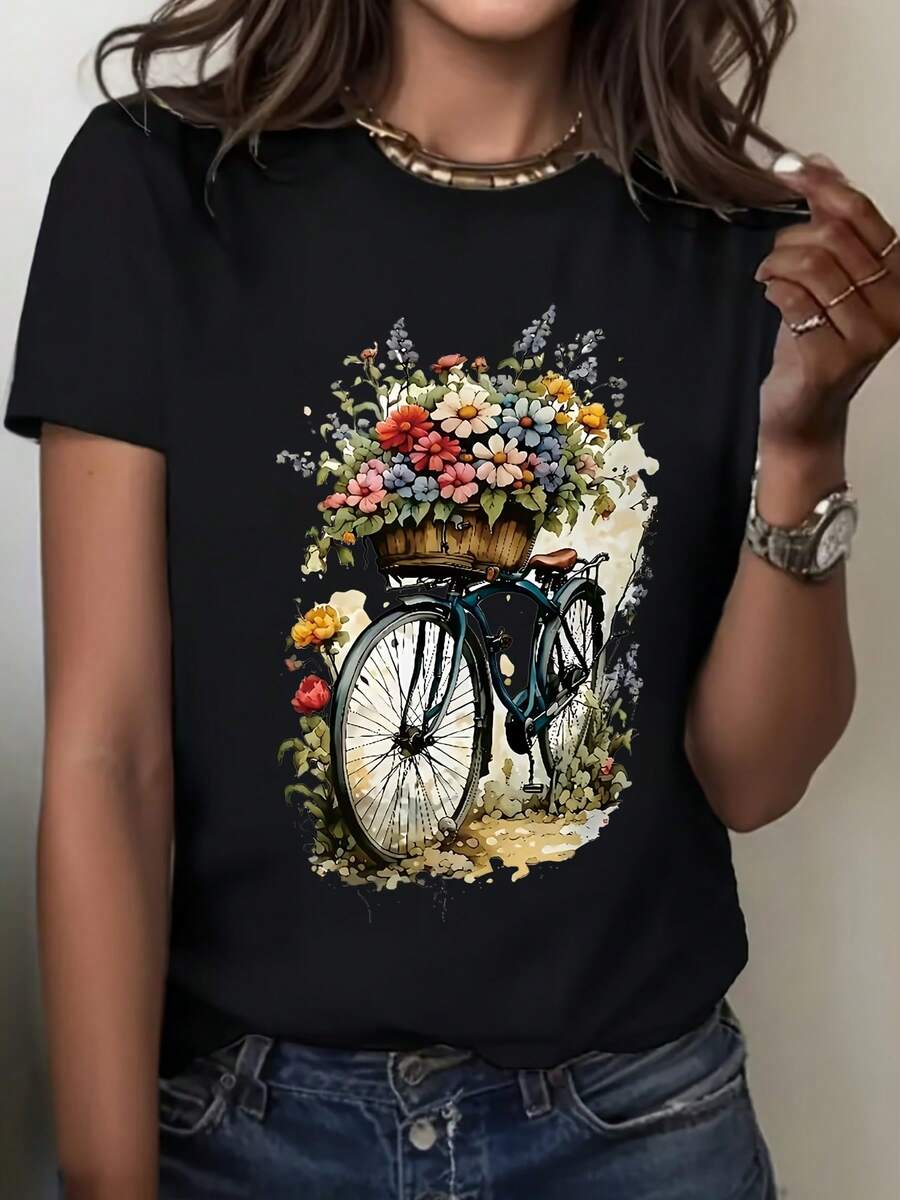 Camiseta Casual de Manga Corta para Mujer - Estampado Geométrico, Top de Verano con Cuello Redondo Transpirable, Camisa Ligera Lavable a Máquina, Ropa Cómoda y Fácil de Cuidar, Diseño Vibrante, Ajuste Confortable - Negro - Ver 1