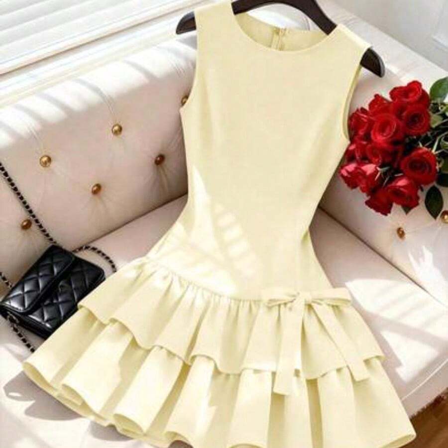 Nana's Women's Clothing Store Vestido elegante sin mangas estilo francés, vestido mini con decoración de lazo rojo, adecuado para salidas diarias, citas, vacaciones - Albaricoque - Ver 1