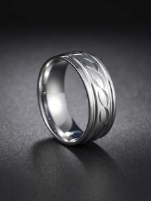 1pc 8MM Fashionable Engraved Stainless Steel Ring, Unisex Suitable For Wedding, Daily Wear, Vacation - Geometric Carving - View 8