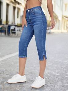 Women's Regular Fit Mid-Rise Washed Blue Elastic Skinny 7/8 Length Jeans With Side Slit, High Waist, Flattering, Casual Pants For Summer - Dark Wash - View 4