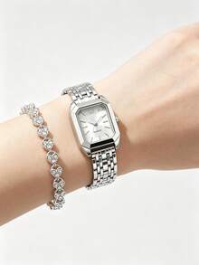Gold Quartz Watch And Heart-Shaped Inlaid Bracelet Set, Birthday Gift, Versatile For Daily Wear, - Silver - View 3