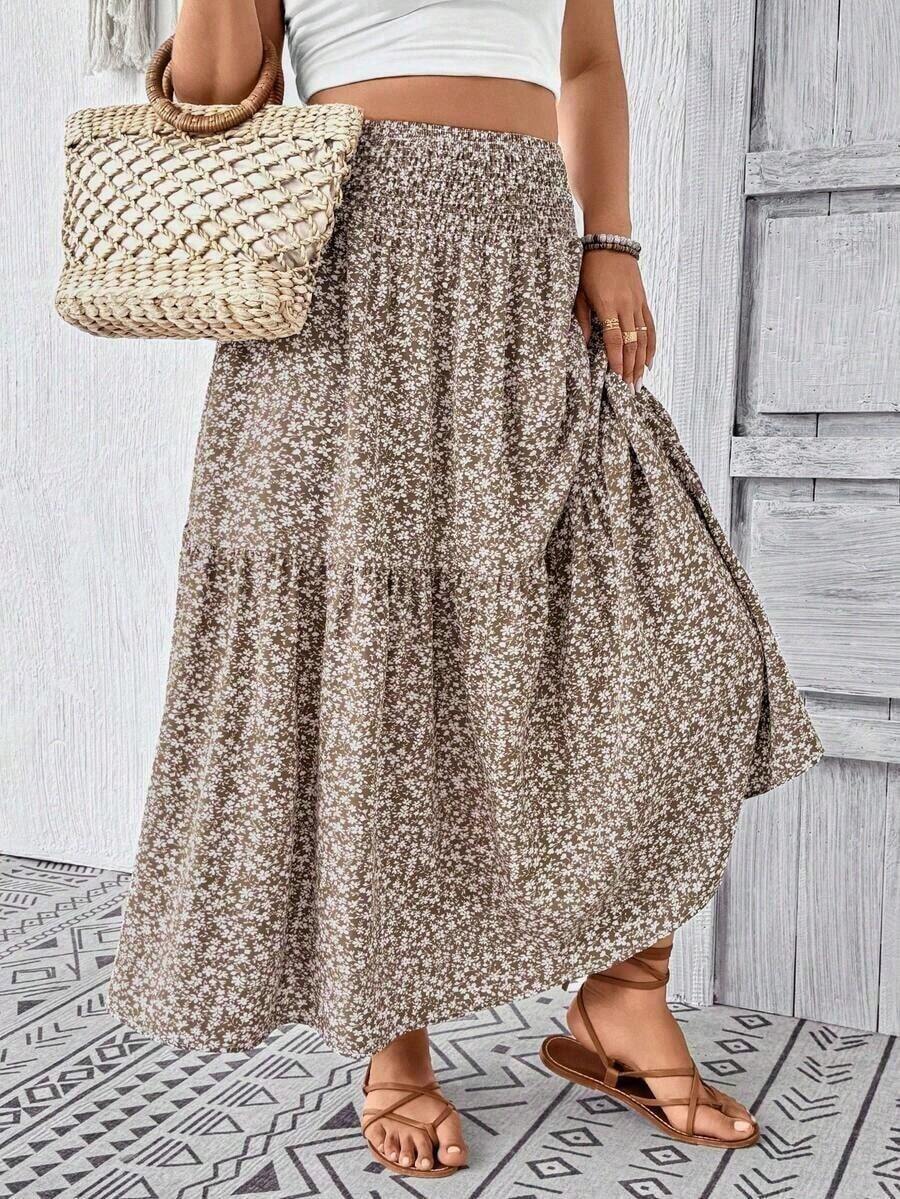 Plus Size Women Ditsy Floral Ruffle Hem Drawstring Waist Casual Midi Skirt, Suitable For Autumn Vacation Summer - Khaki - View 1