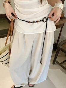 1pc Coffee Color Women's Polyester Beaded Braided Waist Rope - Coffee - View 3