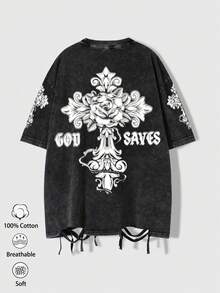 1 chiếc áo thun nam vintage mài rách in hình đồ họa, chất mềm, kiểu dáng rộng thoải mái, in chữ God Saves, phù hợp phong cách đường phố hằng ngày - màu đen - Xem 1