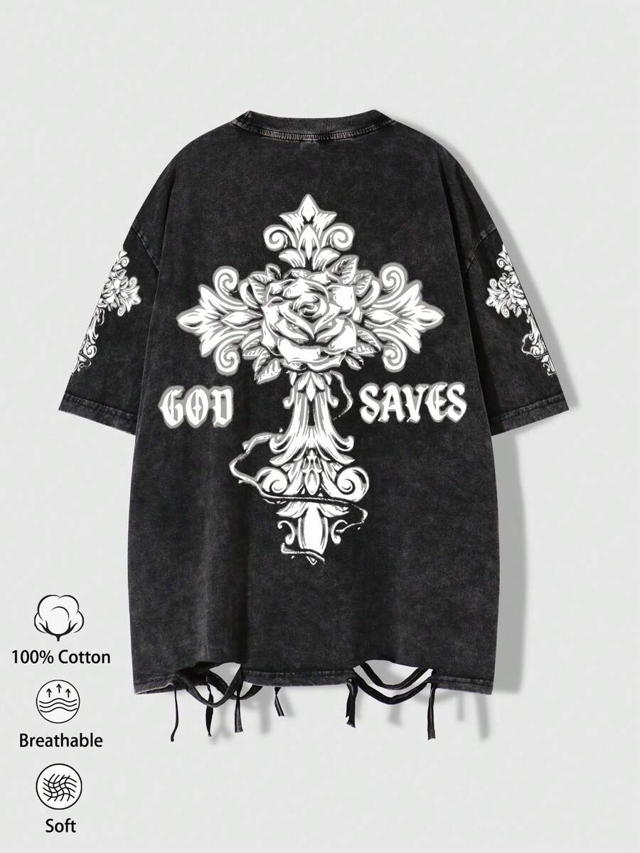 1 chiếc áo thun nam vintage mài rách in hình đồ họa, chất mềm, kiểu dáng rộng thoải mái, in chữ God Saves, phù hợp phong cách đường phố hằng ngày - màu đen - Xem 1