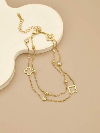 1pc Fashion Hollow Four-Leaf Clover Double Layer Stainless Steel Women's Beach Anklet, Anklet, Stainless Steel Jewelry, Gold Jewelry, Women's Summer Jewelry, Beach, Vacation Jewelry, Charm, Western Jewelry, Women's Beach Accessories, Gift, Birthday Gift