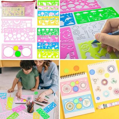 11Pcs Pink Colorful Art Painting Template Drawing Geometric Drawings Templates With Bag Curve Stencils Rulers Drawing Stencils Preschooler Student Classroom Learning Girl)