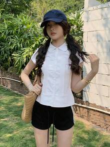 可愛彼得潘領收腰短袖女版上衣，學院風百搭白色夏季上衣 - 白色 - 查看 3