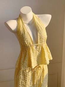 2 piezas Conjunto casual de vacaciones para mujer con top halter sin espalda y pantalones en color caqui tejido - Caqui - Ver 4