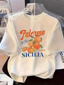 Women's Circle Neck T-Shirt, Italian Orange And Sicilian Letter Print - Soft, Casual, Elegant, For Spring And Summer, Versatile Casual Wear, Fashionable T-Shirt, Summer Garment, Italian Themed Design, Comfortable Fit. Casual Short Sleeve Shirts For Men And Women - 白色 - 查看 1