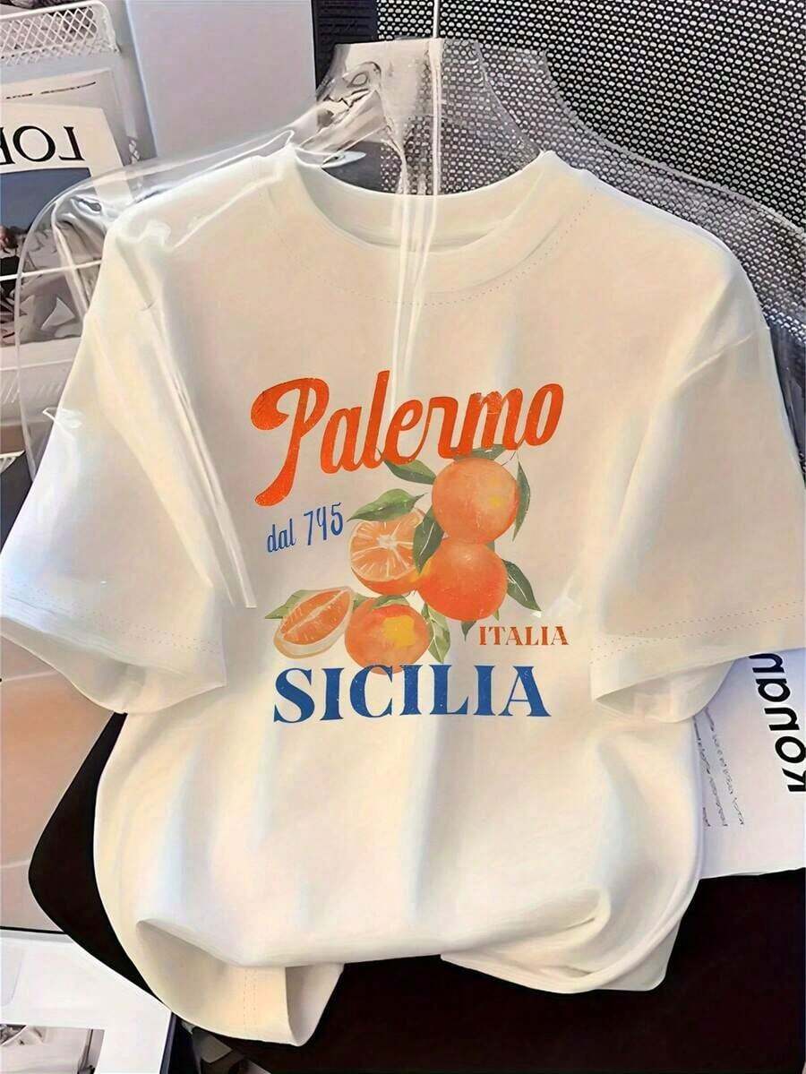 Women's Circle Neck T-Shirt, Italian Orange And Sicilian Letter Print - Soft, Casual, Elegant, For Spring And Summer, Versatile Casual Wear, Fashionable T-Shirt, Summer Garment, Italian Themed Design, Comfortable Fit. Casual Short Sleeve Shirts For Men And Women - 白色 - 查看 1