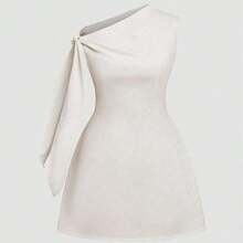Vestido corto minimalista de mujer de unicolor elegante con hombros con lazo y sin mangas, de verano en colores claros - verde menta - Ver 5