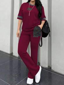 大尺碼女款新款圓領短袖T恤與彈性腰鬆身長褲2件套優雅夏季套裝 - 酒紅+灰色 - 查看 5