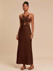 xheTravachic Vestido casual con tirantes sin espalda y pétalos, con flores tridimensionales, estilo vacacional, atuendos de vacaciones para mujer, atuendos de playa, vestidos de verano para mujerxhe - Marrón - Ver 3