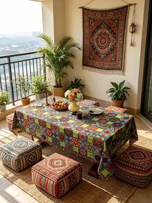 1pc Bohemian Style Geometric Pattern Rectangular Tablecloth With Tassel Trim, Dining Table Cloth, Coffee Table Cover, Home Decor, Room Decoration, Suitable For Kitchen, Dining Room, Living Room, Dining, Gathering, Holiday Celebration, Holiday Decoration, Gift, All Seasons, Spring And Summer Decor - Green Bosey Geometry - View 5