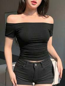 Women's One-Shoulder Sheer Stretch Mesh Blouse, Spring/Summer Off-The-Shoulder Style - 米色 - 查看 6