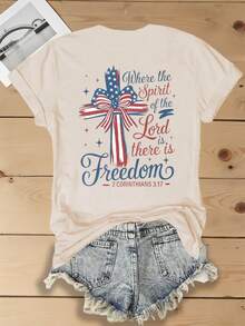 Women's 1776‑2026 USA Flag Cross Bow Freedom Letter Double‑Sided Print T‑Shirt, 180G Casual Summer Tops,Summer Outfits For Women, 4th Of July Outfit - 杏色4 - 查看 3