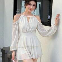 Vestido casual de mujer de unicolor elegante con mangas farol y hombros descubiertos - Rojo - Ver 5