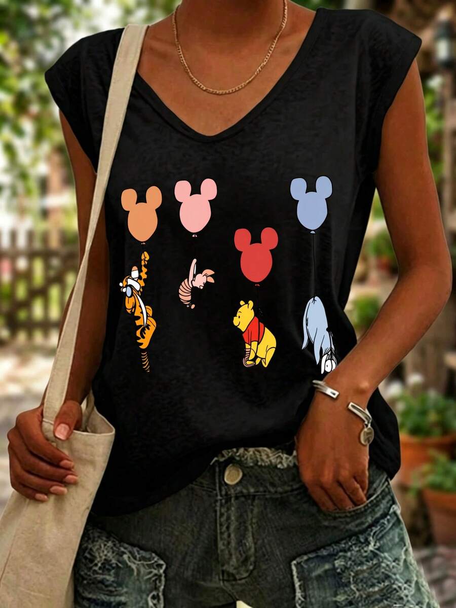 Disney V Neck Sleeveless Top Black Mickey Mouse Balloons And Characters Print Casual Wear - màu đen - Xem 1