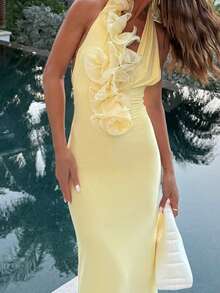 Vestido liso cuello halter escote V ajustado con bordes decorativos elegante estilo europeo - Amarillo - Ver 3