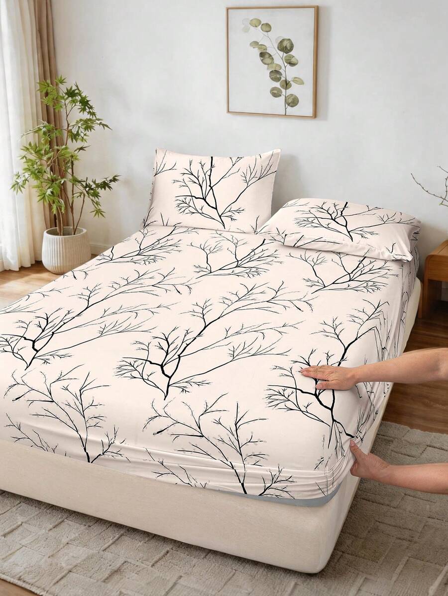 1pc Leaf And Plant Print Fitted Sheet, Soft Comfortable Breathable, Wrinkle Resistant, Improve Sleep Quality, Machine Washable, Suitable For Double Bed, Full Size Bed, Queen Bed, King Bed, Perfect For Dorm And Guest Room Use (Pillowcase Not Included) - Multicolor - View 1