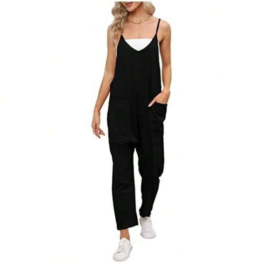 Plus Size Jumpsuit For Women With Pockets And Adjustable Straps - Hitam - View 1