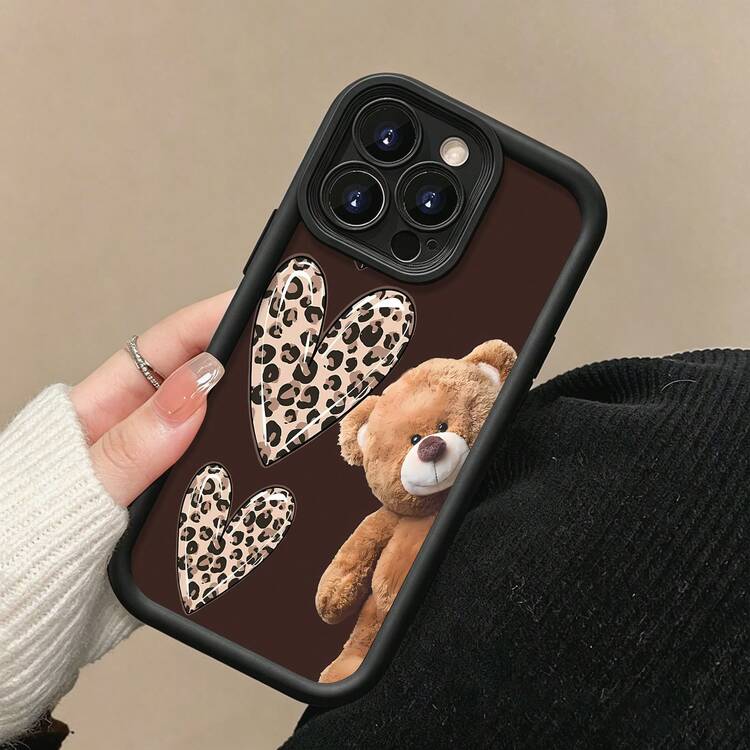 Oso de peluche marrón con temática de leopardo y corazónfunda de teléfono Fundas compatibles con ,Apple,VIVO,OPPO,,, y Honor.Fabricadas en silicona TPU,ofrecen protección contra golpes y caídas.regalos para mamá - Negro - Añade 5