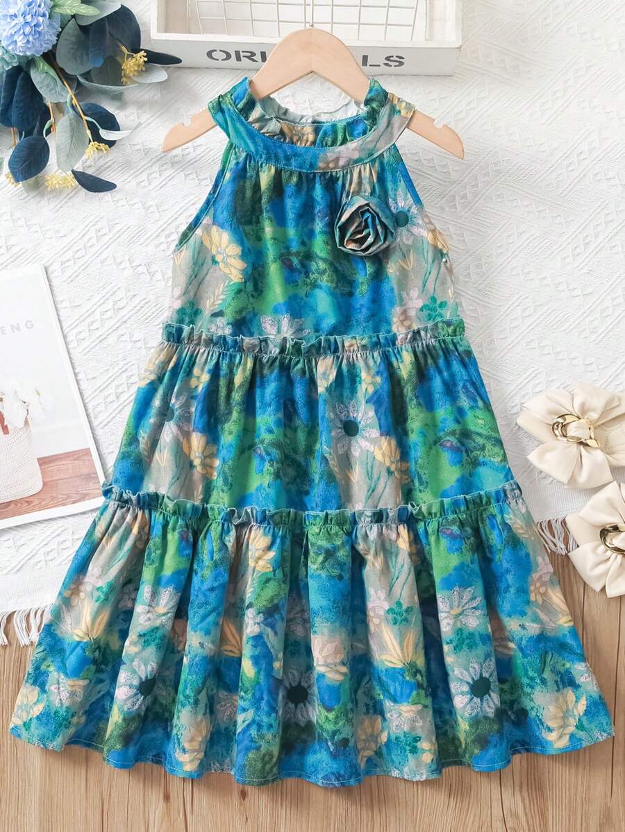女童夏季时尚连衣裙，时尚吊带连衣裙，碎花公主风无袖连衣裙，荷叶边拼接无袖连衣裙，假日和休闲穿着的理想礼物 - 綠色 - 查看 1