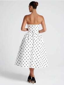 Vestido corsé lunares estilo francés ajustado cintura elegante estilo Hepburn moda mujer - Blanco - Ver 4