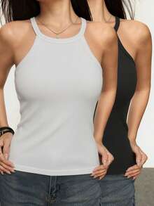 2pcs Basic Solid Color Ribbed Halter Neck Camisole, Slim Fit Sleeveless Layering Top, Casual Comfortable Backless Undershirt - Multicolor - View 2