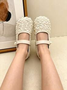 Zapatos planos tipo Mary Jane de tweed con lentejuelas para niñas, con correa de gancho y bucle de perla, suela blanda antideslizante, zapatos de princesa, adecuados para niñas de 3-10 años para uso diario, bodas y fiestas - Beis - Ver 8