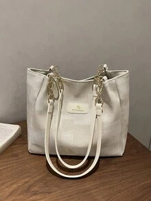 Denim Texture Shoulder Bag For Women, High-End Commuting & Vacation Large Capacity Handbag, Versatile Chain Strap Tote Bag, New Arrival - Beige - View 9