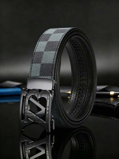 Men's Luxury Automatic Buckle Leather Belt, Fashion Plaid Design, Business Casual & Formal Dress Belt. Adjustable Scratch-Resistant Alloy Buckle, Ideal For Work, Daily Wear, Parties & Anniversary Gifts. Designer Style Belt For Men, Perfect For Formal & Casual Outfits.